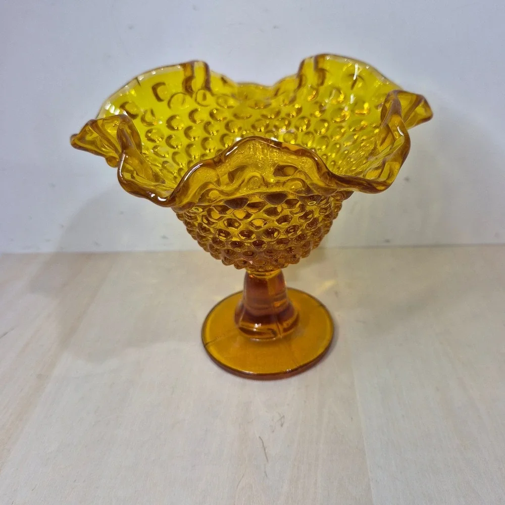 Vintage Amber Hobnail Glass Compote Ruffled Edge Pedestal Bowl Yellow 5.5 Inch